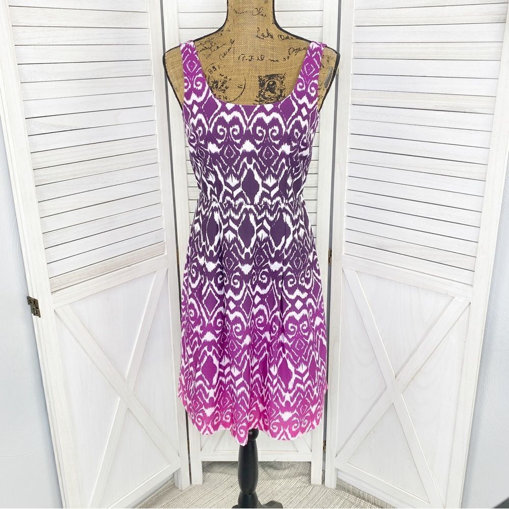 Ann Taylor Ombre Ikat Tribal Print Fit Flare Dress Pink Purple 0 Sleeveless
